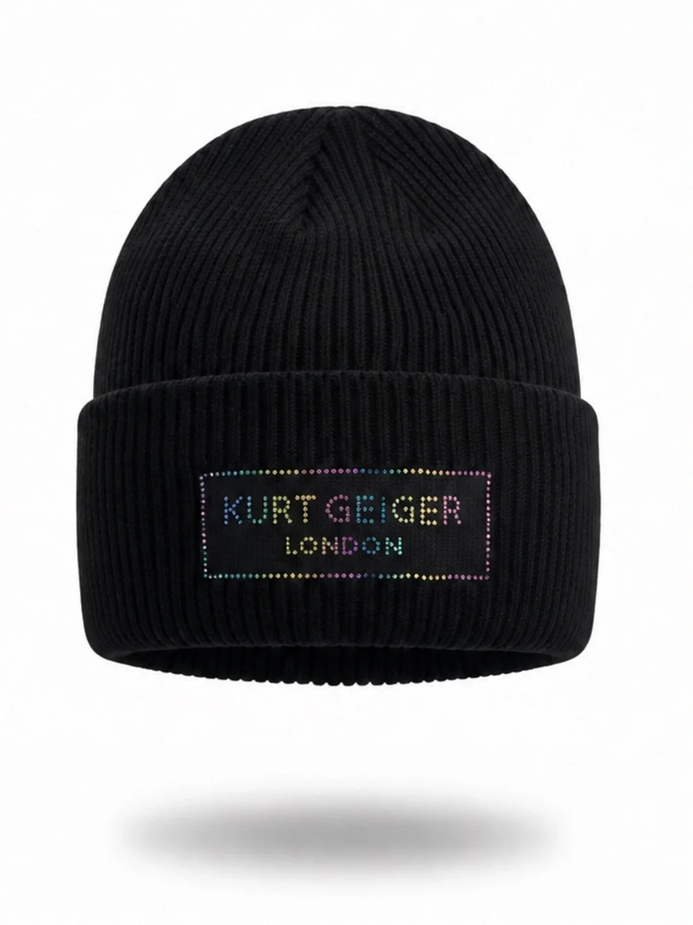 Kurt Geiger London Black Multi-Colored Crystal Logo Cuffed Ribbed Beanie NWOT